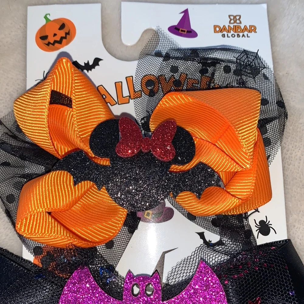 NEW 4 Halloween Hair Bows Girls Bats Minnie Mouse Spider 🕷💜